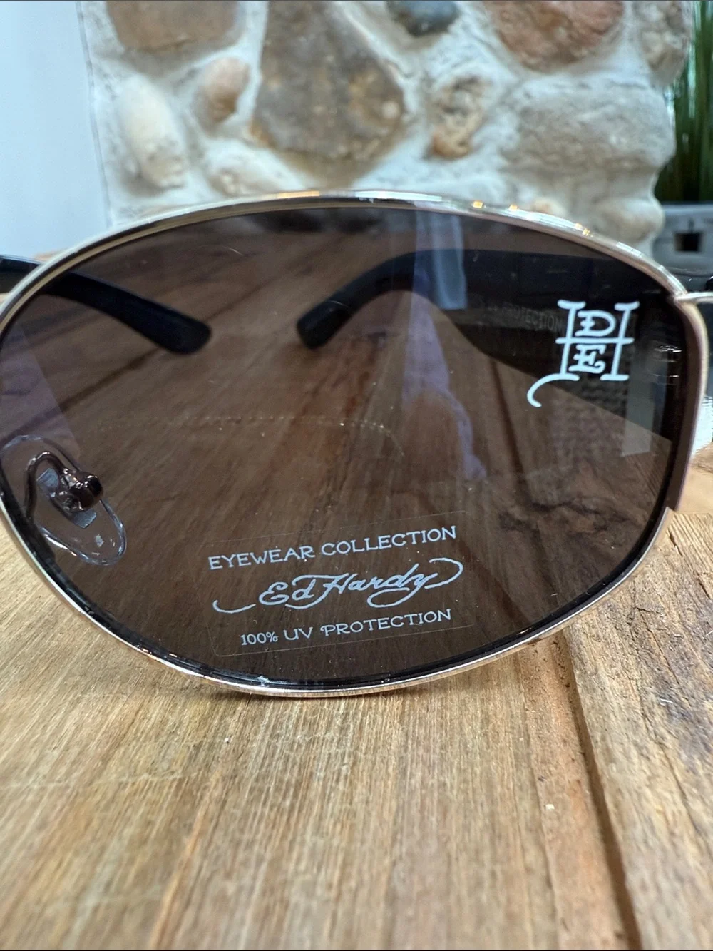 NWT Ed Hardy Gold and Black Sunglasses with Colorful Temple Art